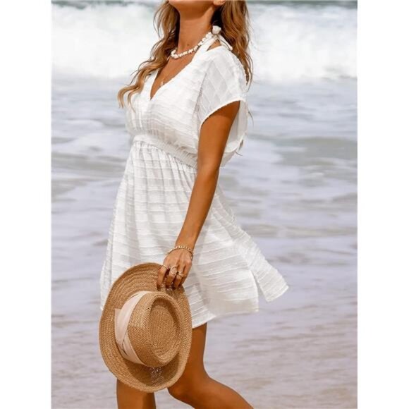 Women's Swim Cover Up Dress V Neck Textured Striped Short Sleeve Cover Ups - Picture 4 of 7